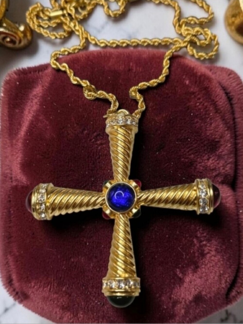 18k Gold Plated Luxury Designer Cable Cross Glass Cabochon Crystal Necklace